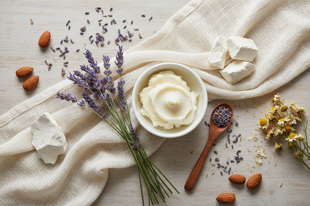 Create a flat lay product photo using ingredientpicSolvaeSKin-WhippedTallowBarrierCream_LavenderSilk in my image gallery as a reference. 
